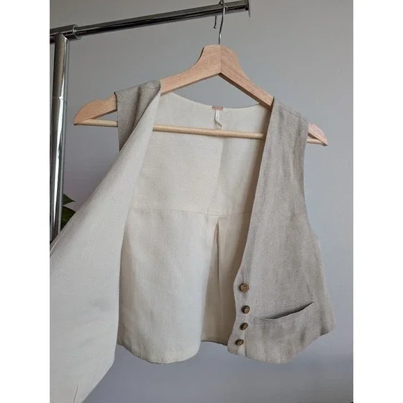 Free People 100% Linen Set 0 Shorts Vest Beige V Neck boho Malia - Picture 5 of 10